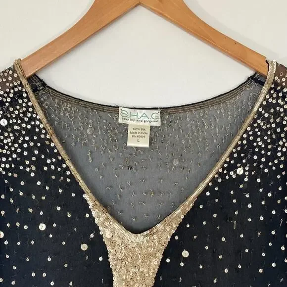 Vintage Shag Black Cream Sequin Embellished Blouse Top - Picture 4 of 16